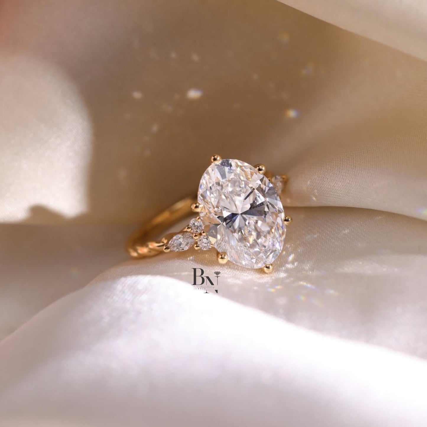 3.00ct Oval Lab Diamond Engagement Ring | Vine Floral Accent 14K Gold | Unique Proposal Solitaire | Nature Inspired