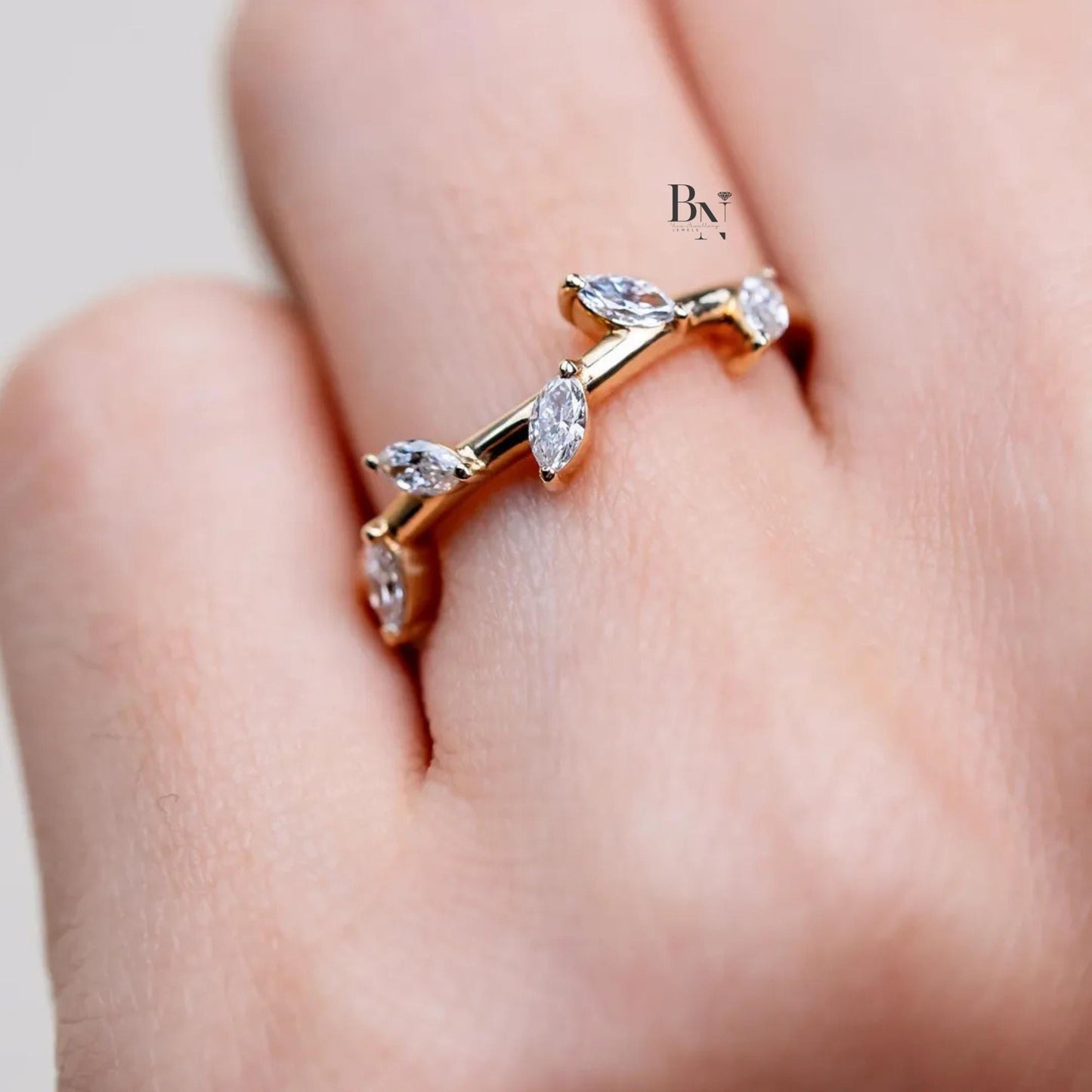 0.20 CTW Marquise Lab Diamond Wedding Band | Yellow Gold Vine Stacking Ring | Dainty Floral Accent | Anniversary Gift