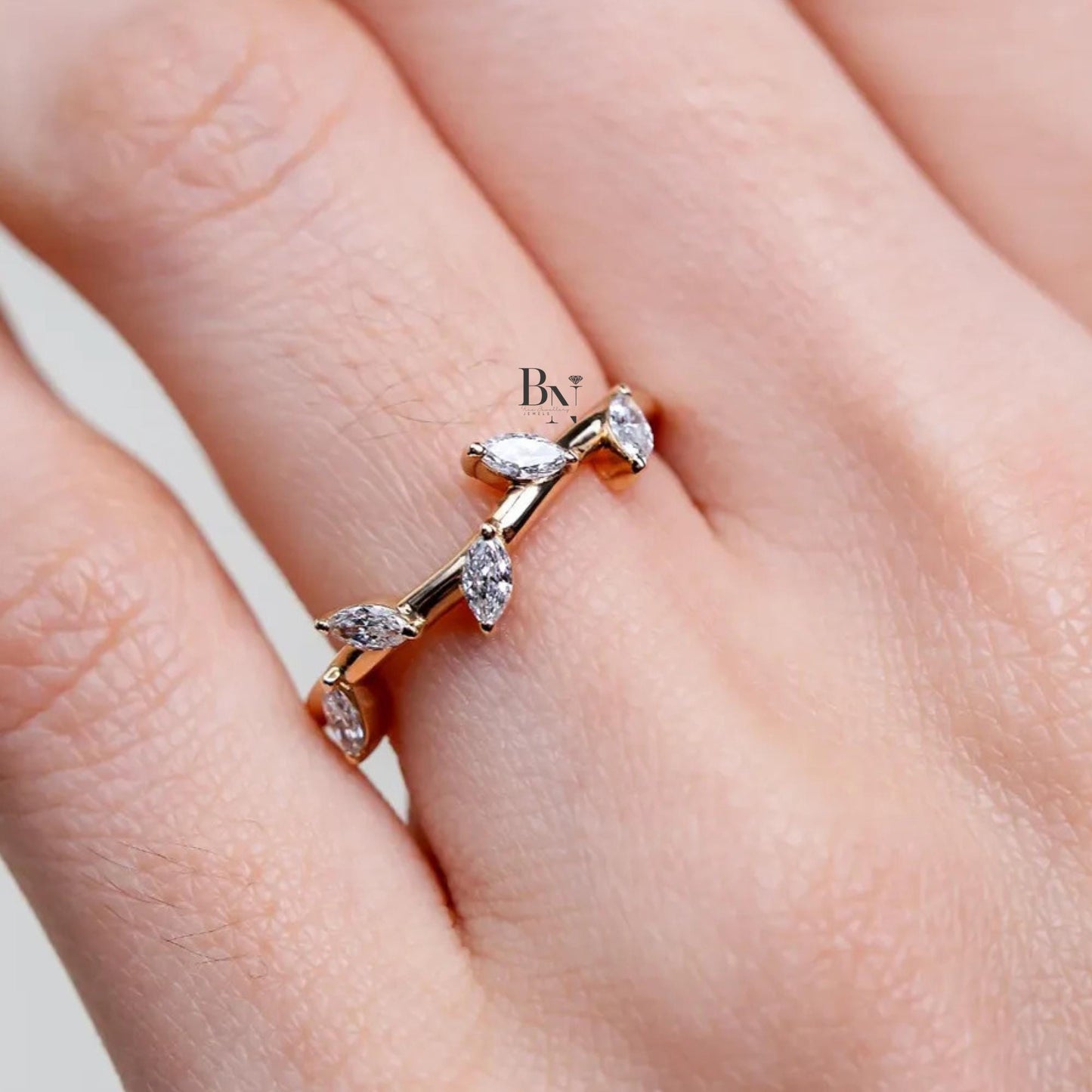 0.20 CTW Marquise Lab Diamond Wedding Band | Yellow Gold Vine Stacking Ring | Dainty Floral Accent | Anniversary Gift