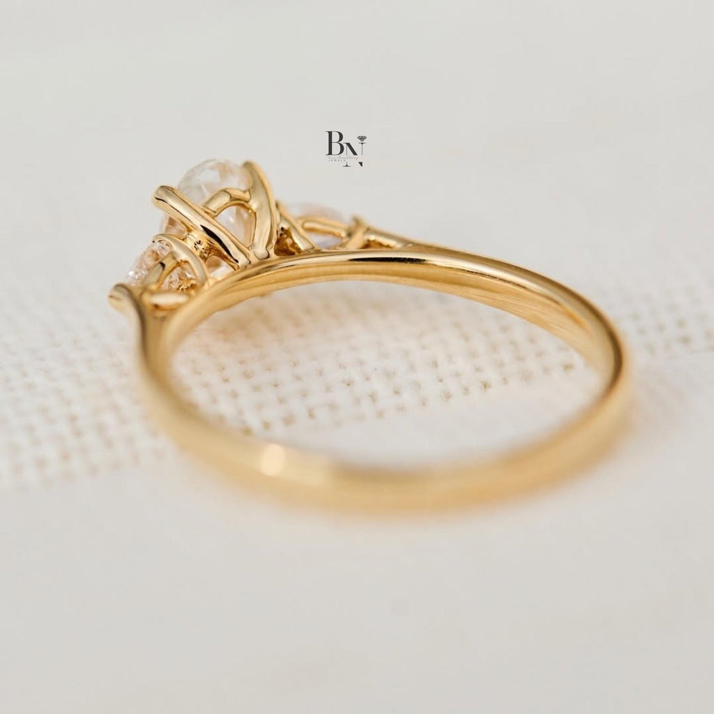 1.00ct Oval Lab Diamond Engagement Ring | Marquise Dot Accents 14K Gold | Vintage Proposal Ring | IGI Certified | Dainty