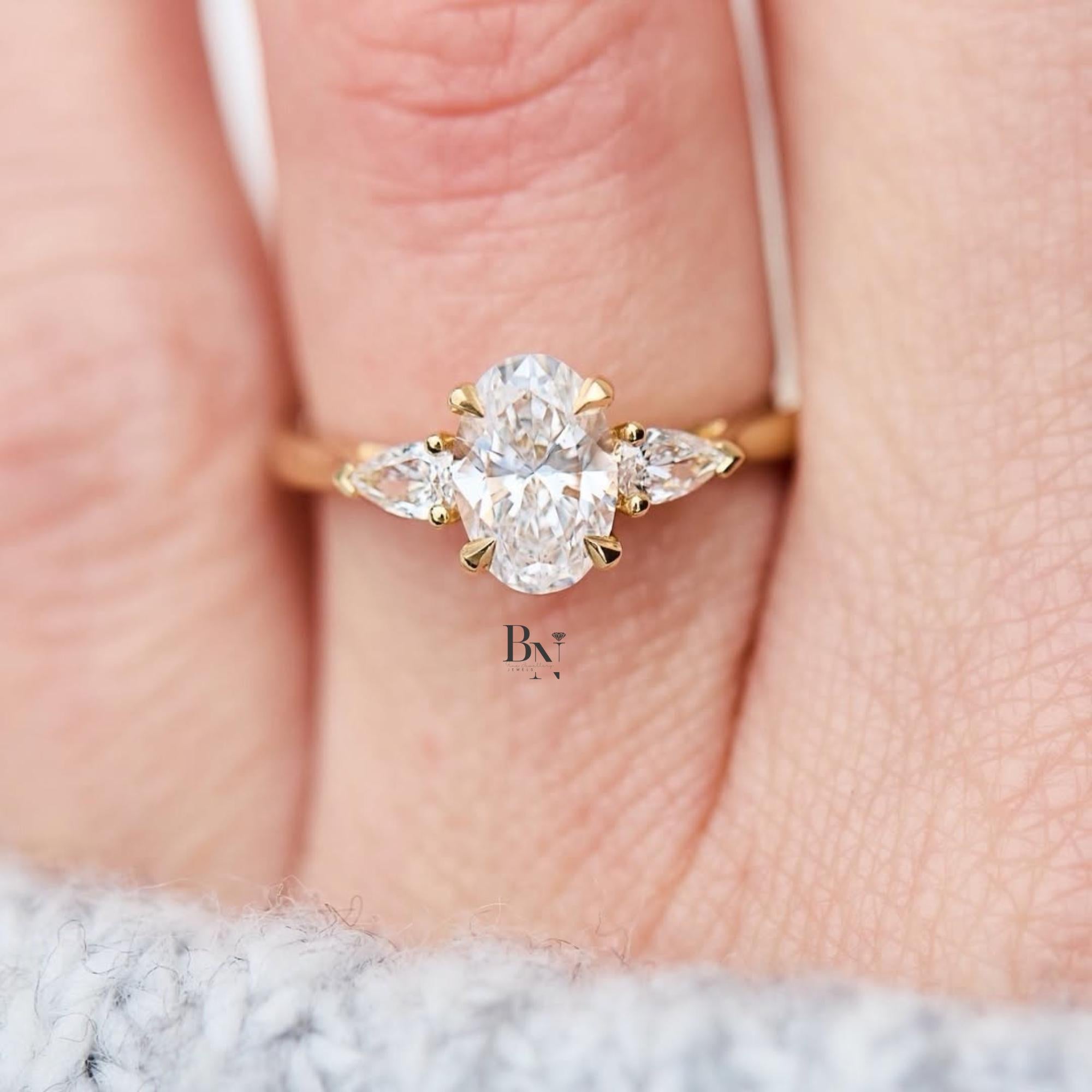 1.00ct Oval Lab Diamond Engagement Ring | Marquise Dot Accents 14K Gold | Vintage Proposal Ring | IGI Certified | Dainty