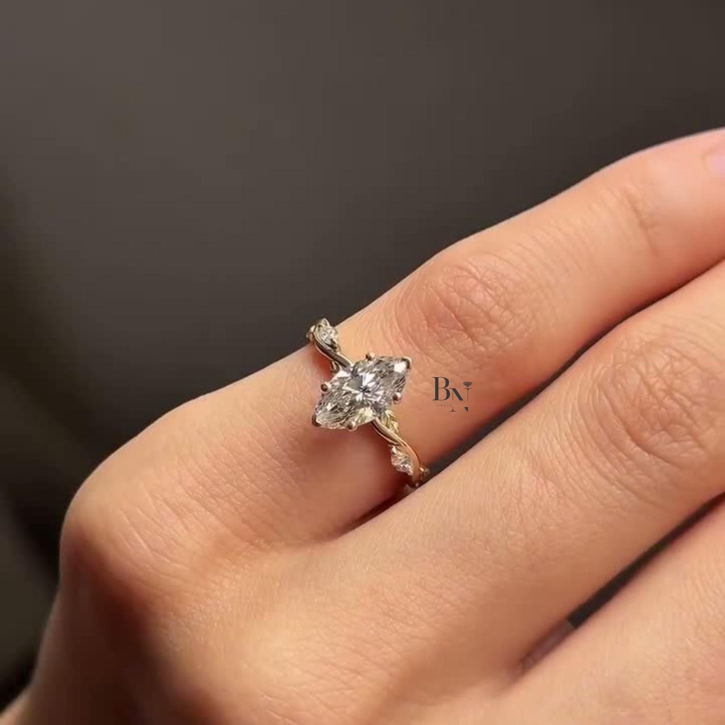 1.00 CT Marquise Lab Grown Diamond Engagement Ring | Twisted Vine Solitaire | 14K Yellow Gold Nature Inspired Bridal | Art Deco Promise