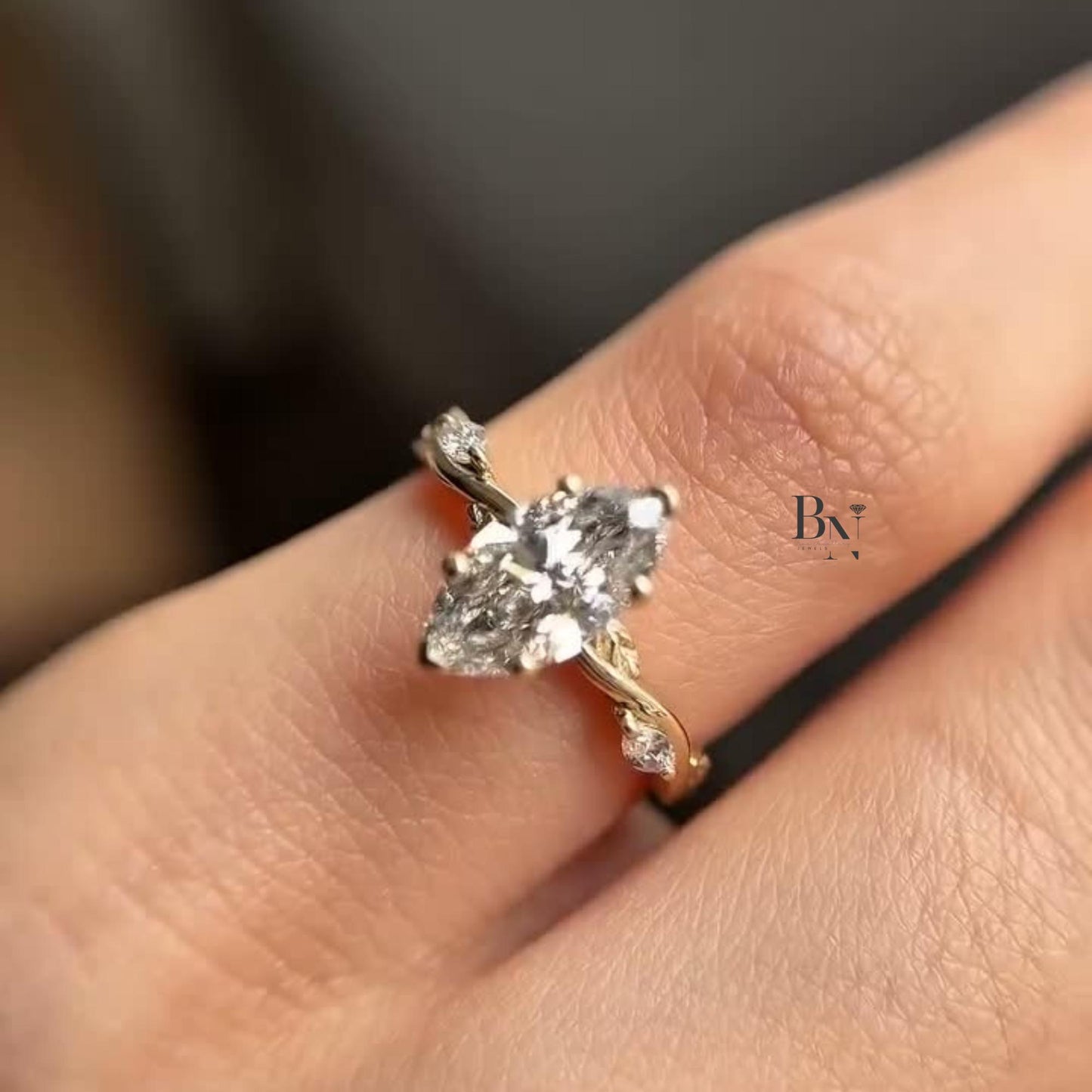 1.00 CT Marquise Lab Grown Diamond Engagement Ring | Twisted Vine Solitaire | 14K Yellow Gold Nature Inspired Bridal | Art Deco Promise