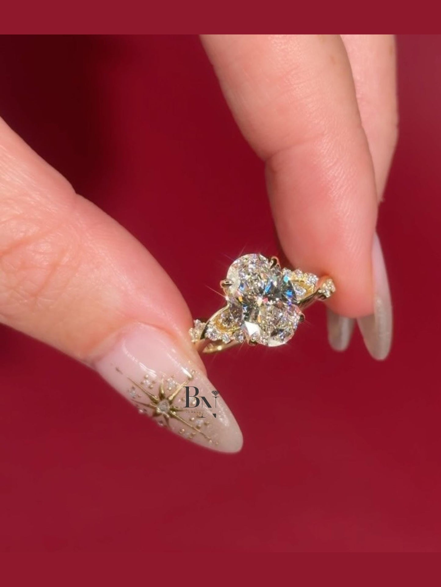 3.00 CT Oval Lab Diamond Engagement Ring | Twisted Vine Nature Inspired Bridal | 14K Yellow Gold Promise | Elongated Three Stone Ring