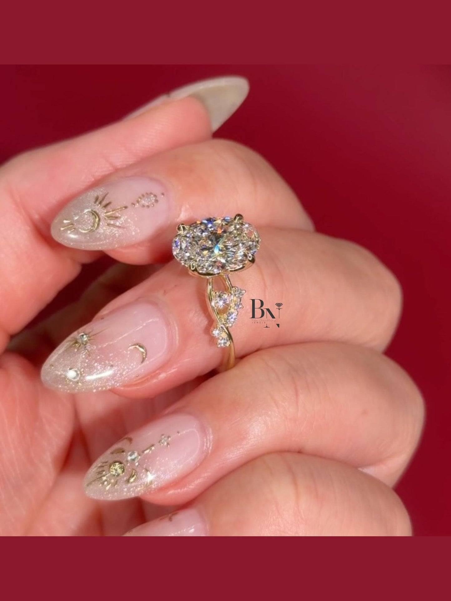 3.00 CT Oval Lab Diamond Engagement Ring | Twisted Vine Nature Inspired Bridal | 14K Yellow Gold Promise | Elongated Three Stone Ring