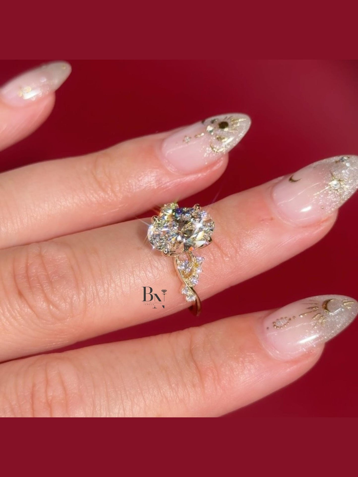 3.00 CT Oval Lab Diamond Engagement Ring | Twisted Vine Nature Inspired Bridal | 14K Yellow Gold Promise | Elongated Three Stone Ring