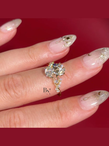 3.00 CT Oval Lab Diamond Engagement Ring | Twisted Vine Nature Inspired Bridal | 14K Yellow Gold Promise | Elongated Three Stone Ring