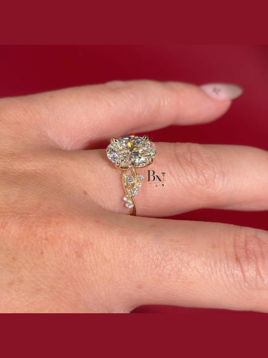 3.00 CT Oval Lab Diamond Engagement Ring | Twisted Vine Nature Inspired Bridal | 14K Yellow Gold Promise | Elongated Three Stone Ring