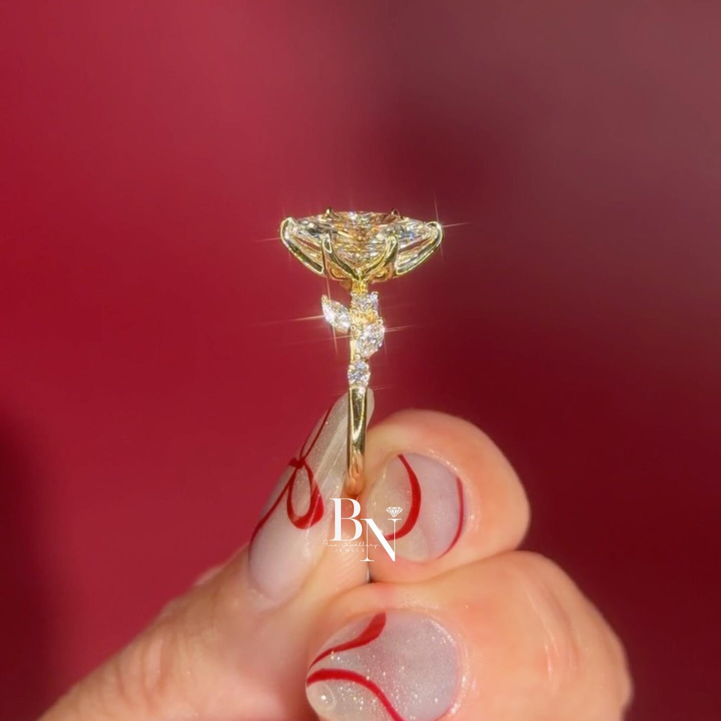 3.00ct Marquise Lab Diamond Engagement Ring | Vine Leaf Cluster Pave Accents 14K Gold Setting | Nature Inspired Vintage Statement Ring