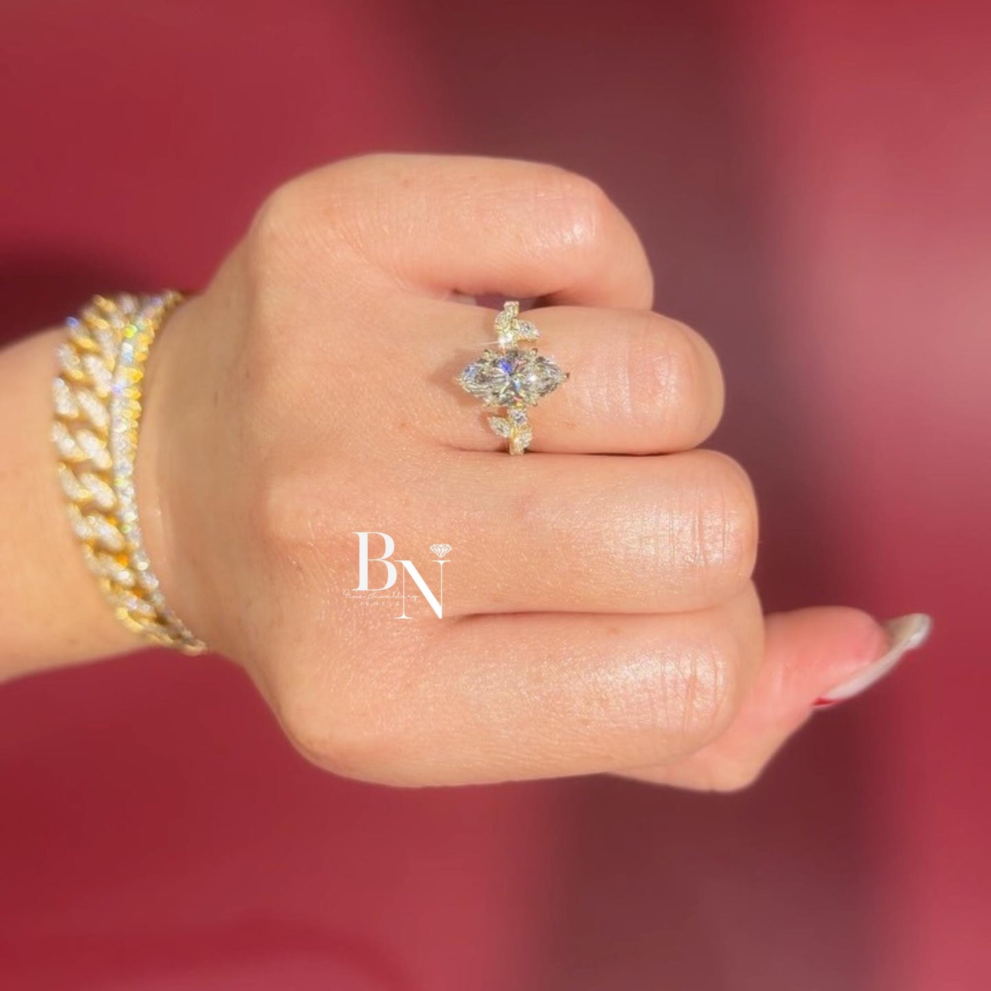 3.00ct Marquise Lab Diamond Engagement Ring | Vine Leaf Cluster Pave Accents 14K Gold Setting | Nature Inspired Vintage Statement Ring