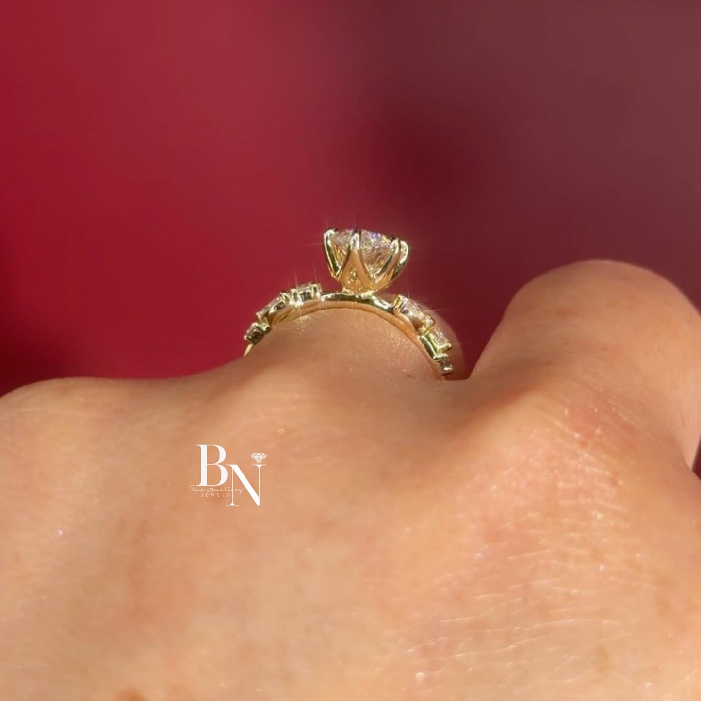 3.00ct Marquise Lab Diamond Engagement Ring | Vine Leaf Cluster Pave Accents 14K Gold Setting | Nature Inspired Vintage Statement Ring