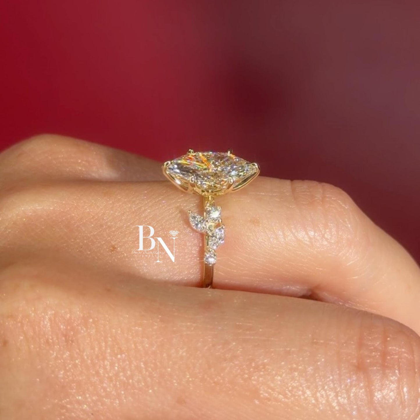 3.00ct Marquise Lab Diamond Engagement Ring | Vine Leaf Cluster Pave Accents 14K Gold Setting | Nature Inspired Vintage Statement Ring