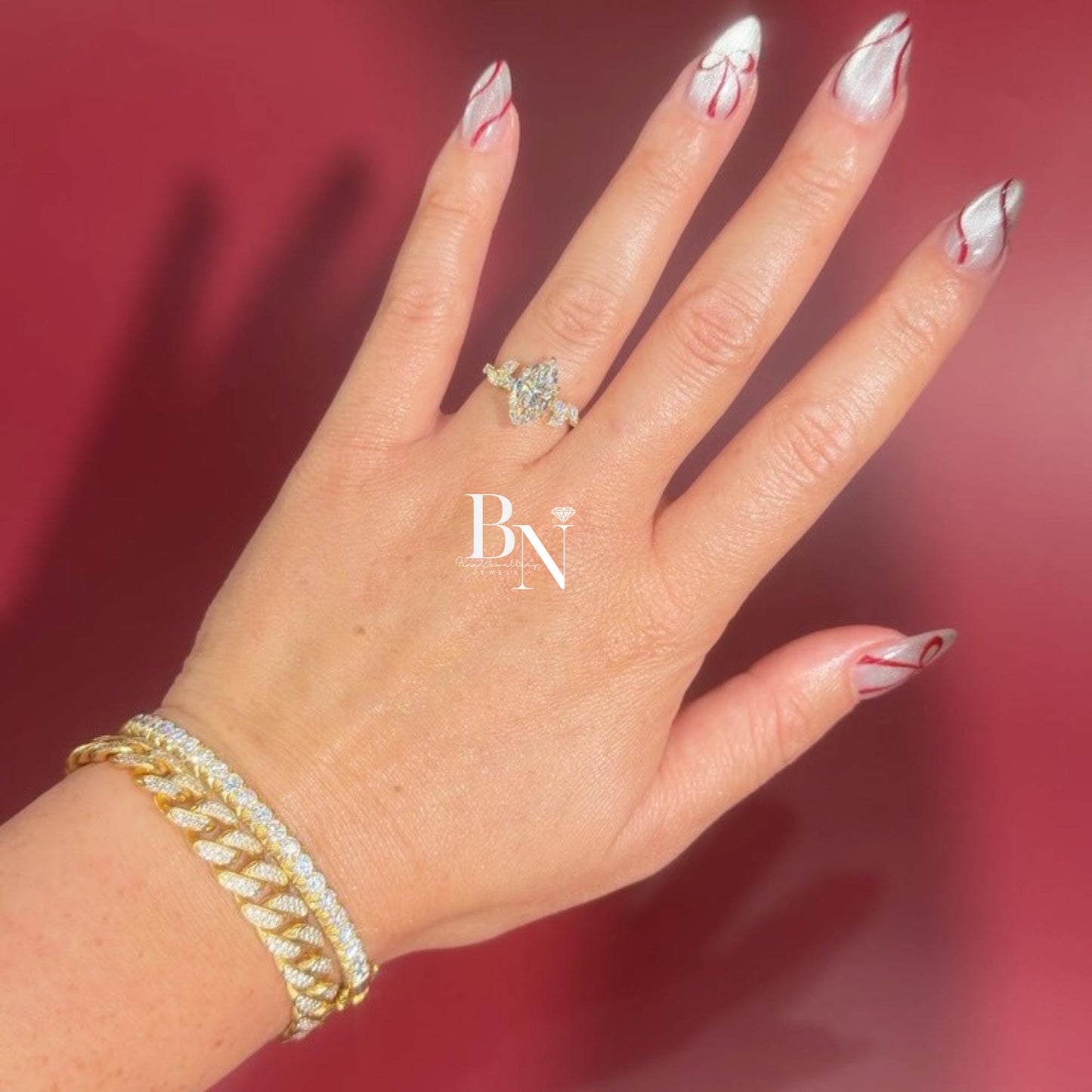 3.00ct Marquise Lab Diamond Engagement Ring | Vine Leaf Cluster Pave Accents 14K Gold Setting | Nature Inspired Vintage Statement Ring