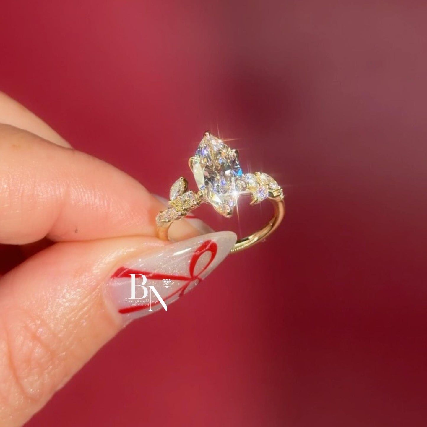 Exquisite 3.00ct marquise cut lab grown diamond engagement ring in 14k yellow gold. Features a dramatic, nature-inspired vine leaf cluster design with marquise and round side diamonds on the shoulders, creating an elongated and romantic heirloom look.