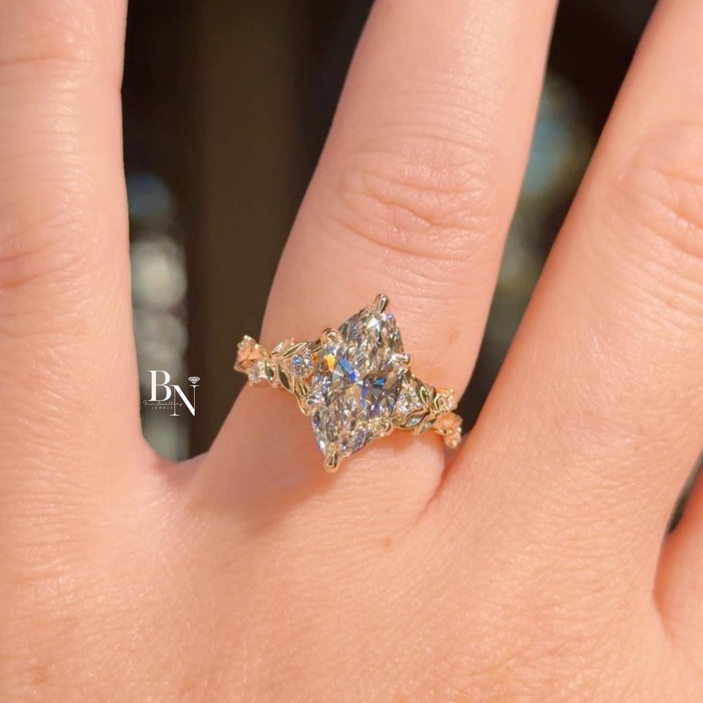 3.00ct Marquise Lab Diamond Engagement Ring | Vine Leaf Floral Band 14K Yellow Gold Setting | Nature Inspired Vintage Statement Ring