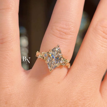 3.00ct Marquise Lab Diamond Engagement Ring | Vine Leaf Floral Band 14K Yellow Gold Setting | Nature Inspired Vintage Statement Ring