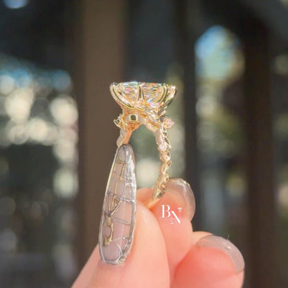 3.00ct Marquise Lab Diamond Engagement Ring | Vine Leaf Floral Band 14K Yellow Gold Setting | Nature Inspired Vintage Statement Ring