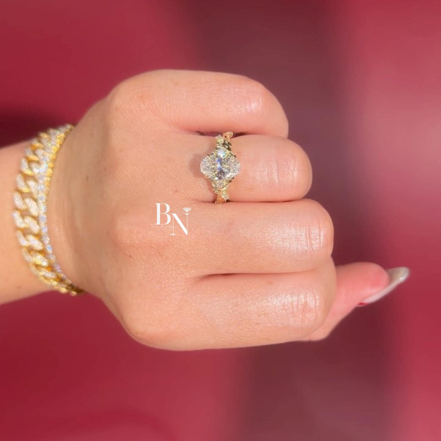 3.00ct Oval Lab Diamond Engagement Ring | Vine Floral Leaf Cluster Accent 14K Gold | Unique Nature Inspired Proposal Solitaire Ring | Gift