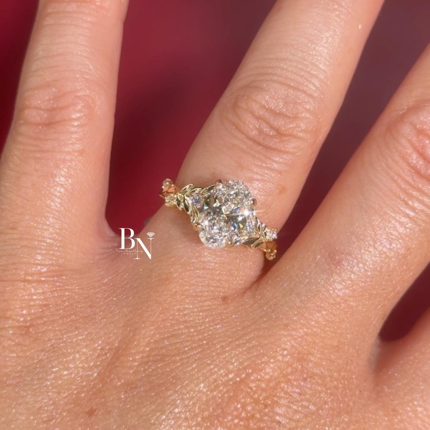 3.00ct Oval Lab Diamond Engagement Ring | Vine Floral Leaf Cluster Accent 14K Gold | Unique Nature Inspired Proposal Solitaire Ring | Gift