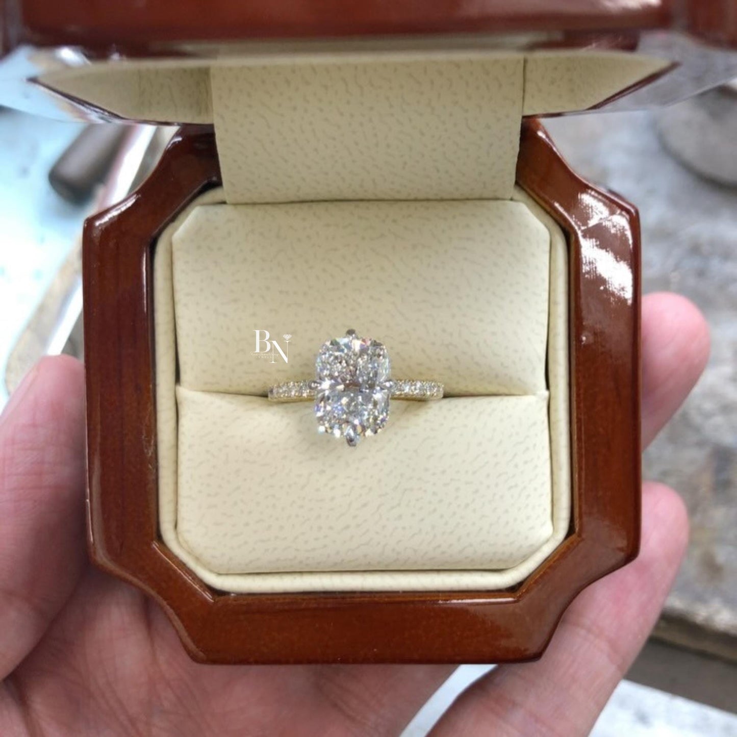 3.00ct Elongated Cushion Lab Diamond Engagement Ring | Micro Pave Band 14K Yellow Gold Solitaire | Dainty Elongated Proposal Ring