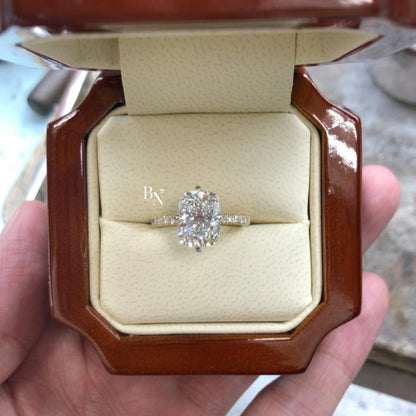 3.00ct Elongated Cushion Lab Diamond Engagement Ring | Micro Pave Band 14K Yellow Gold Solitaire | Dainty Elongated Proposal Ring