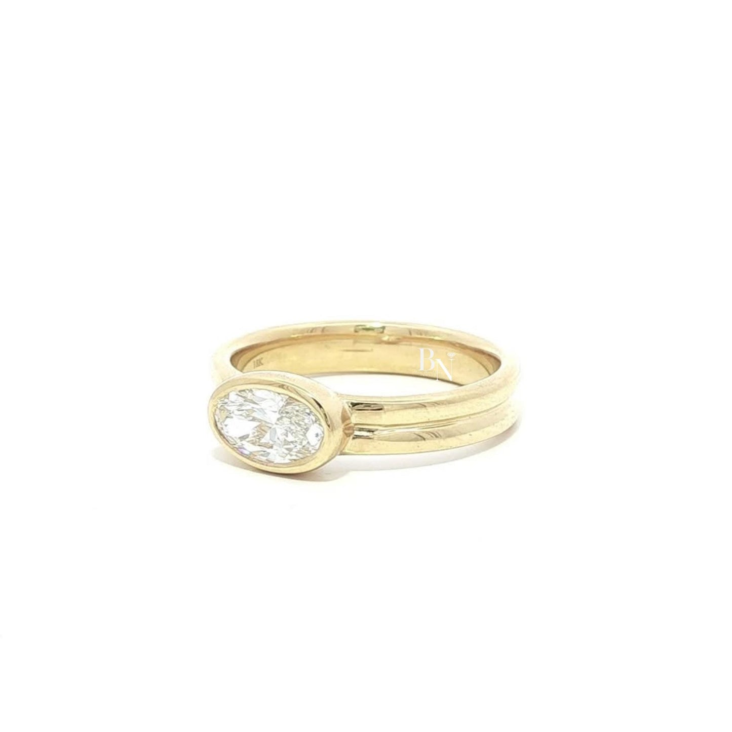 1.00ct Oval Lab Diamond Engagement Ring | East West Full Bezel Double Band 14K Yellow Gold | Minimalist Quiet Luxury Horizontal Solitaire
