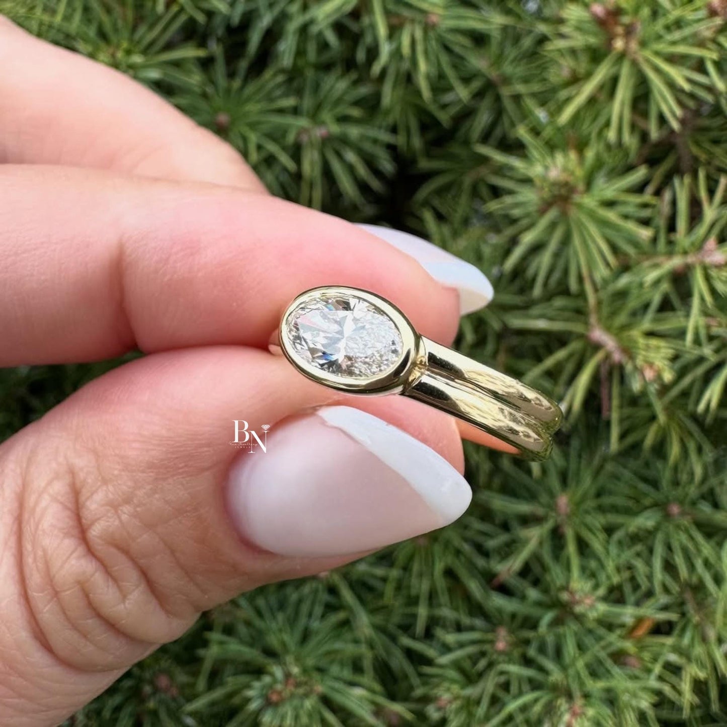 1.00ct Oval Lab Diamond Engagement Ring | East West Full Bezel Double Band 14K Yellow Gold | Minimalist Quiet Luxury Horizontal Solitaire