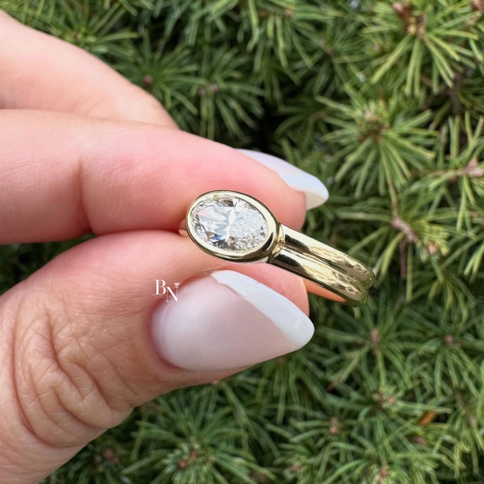 1.00ct Oval Lab Diamond Engagement Ring | East West Full Bezel Double Band 14K Yellow Gold | Minimalist Quiet Luxury Horizontal Solitaire