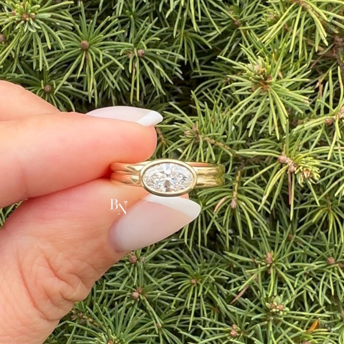 1.00ct Oval Lab Diamond Engagement Ring | East West Full Bezel Double Band 14K Yellow Gold | Minimalist Quiet Luxury Horizontal Solitaire