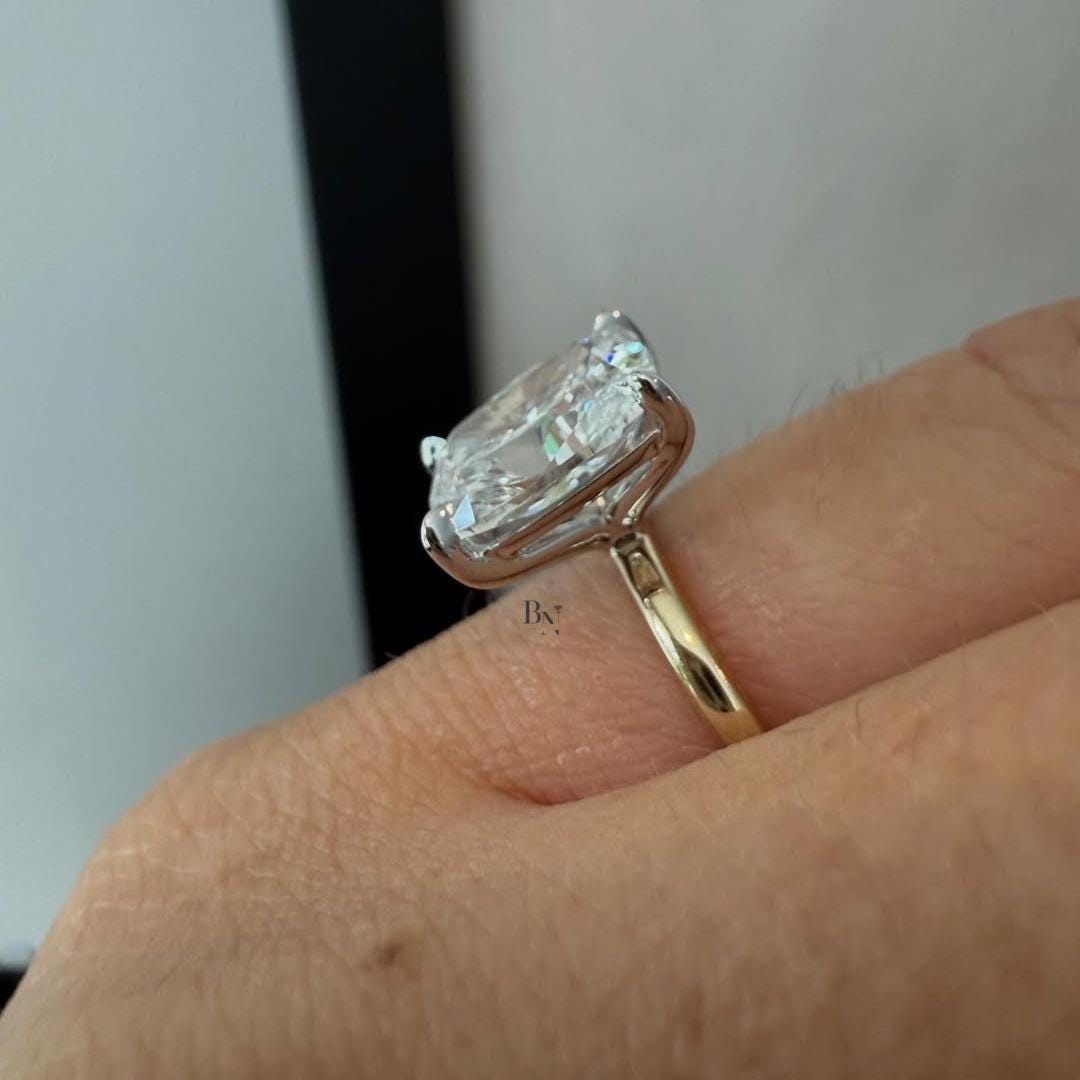 3.00ct Crushed Ice Elongated Cushion Moissanite Ring | Two-Tone Solitaire | Dainty Band Engagement Ring | Rainbow Fire Sparkle