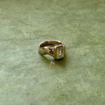 3.00ct Emerald Cut Lab Diamond Signet Ring | Bezel Set Cigar Band | IGI Certified Statement Ring | Modern Yellow Gold Engagement