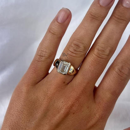 3.00ct Emerald Cut Lab Diamond Signet Ring | Bezel Set Cigar Band | IGI Certified Statement Ring | Modern Yellow Gold Engagement