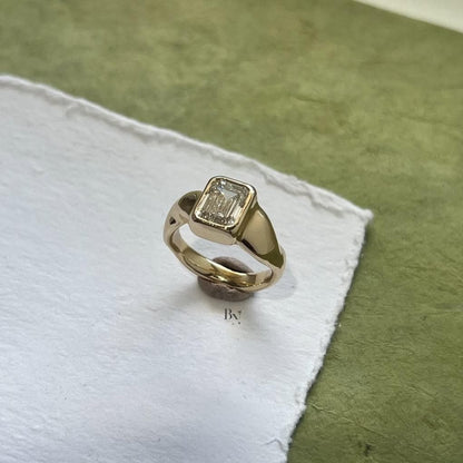 3.00ct Emerald Cut Lab Diamond Signet Ring | Bezel Set Cigar Band | IGI Certified Statement Ring | Modern Yellow Gold Engagement