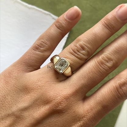 3.00ct Emerald Cut Lab Diamond Signet Ring | Bezel Set Cigar Band | IGI Certified Statement Ring | Modern Yellow Gold Engagement