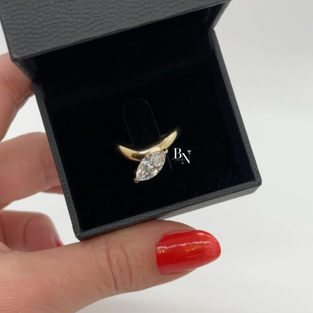 1.00ct Marquise Lab Diamond Ring | East West Bezel Set Solitaire | Yellow Gold Bypass Engagement Ring | Modern Bridal