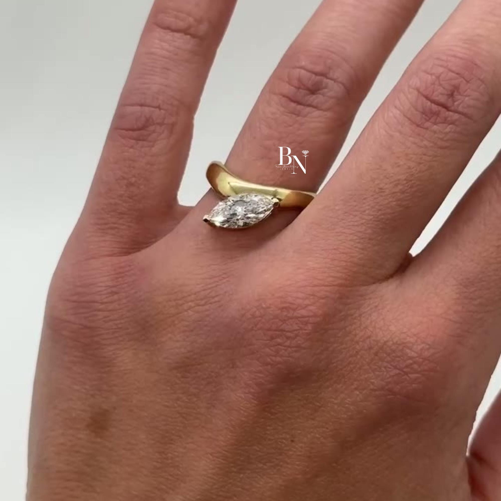 1.00ct Marquise Lab Diamond Ring | East West Bezel Set Solitaire | Yellow Gold Bypass Engagement Ring | Modern Bridal