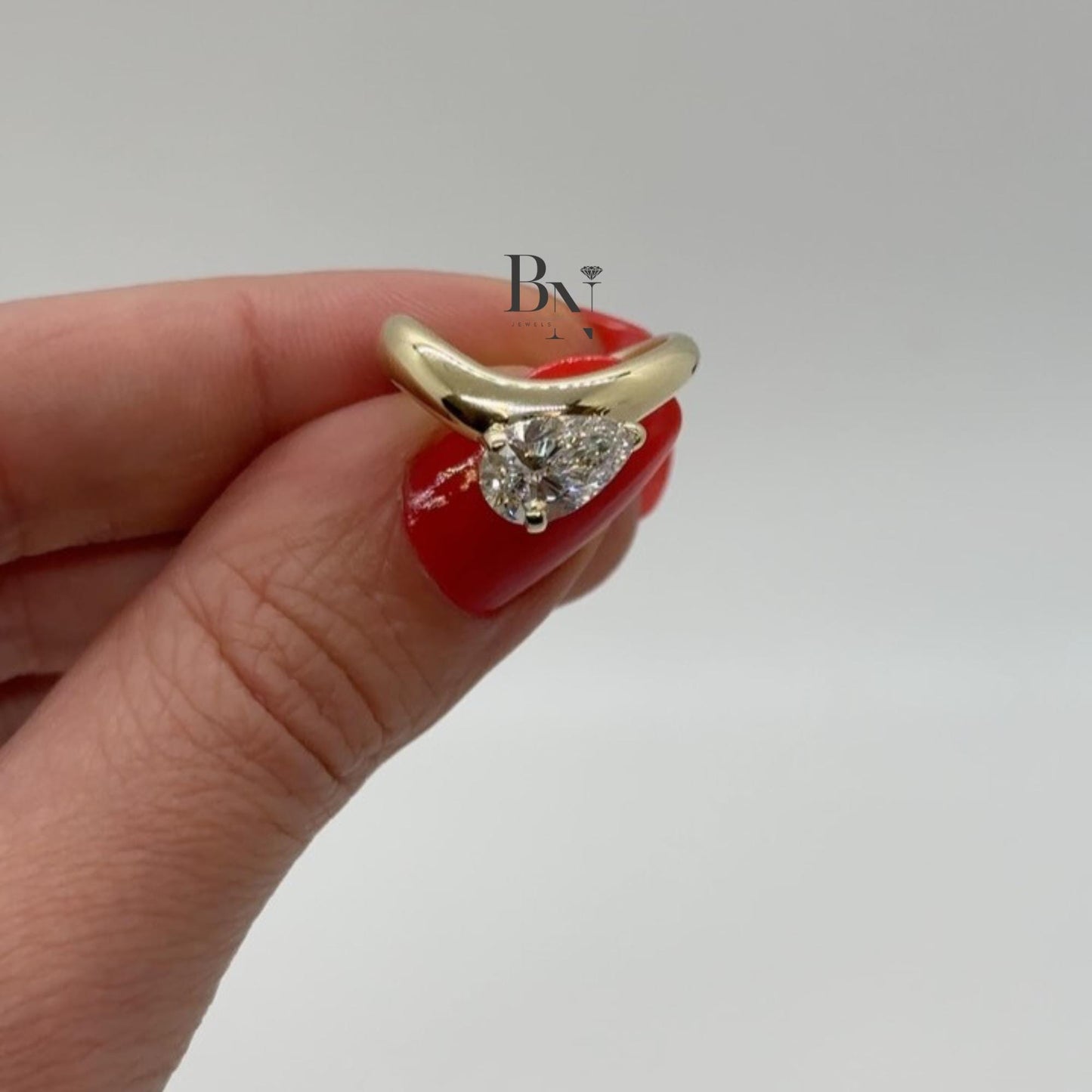 1.00ct Pear Lab Diamond Engagement Ring | Yellow Gold Bypass Solitaire | Bezel Set Unique Modern Bridal Ring | IGI Certified