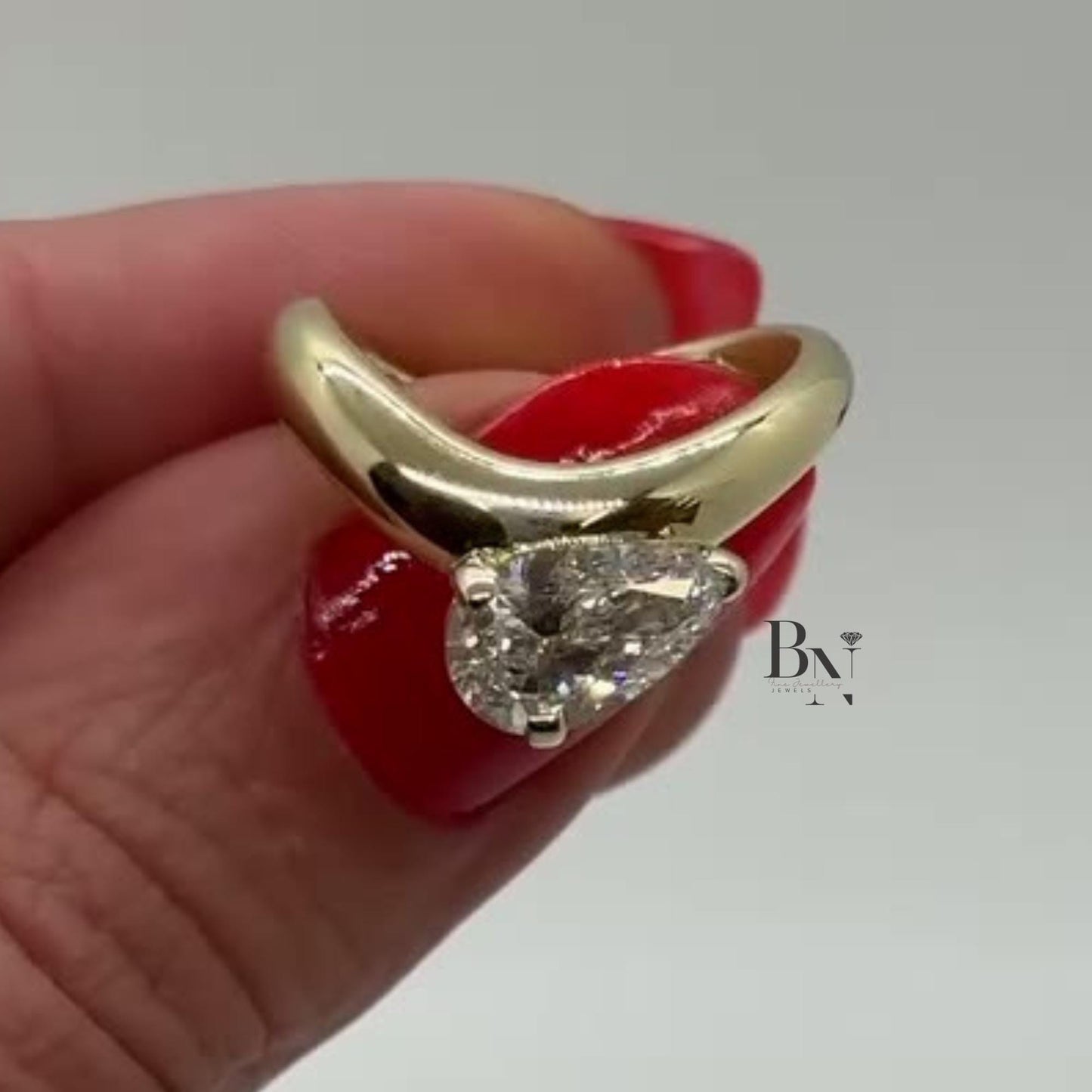 1.00ct Pear Lab Diamond Engagement Ring | Yellow Gold Bypass Solitaire | Bezel Set Unique Modern Bridal Ring | IGI Certified