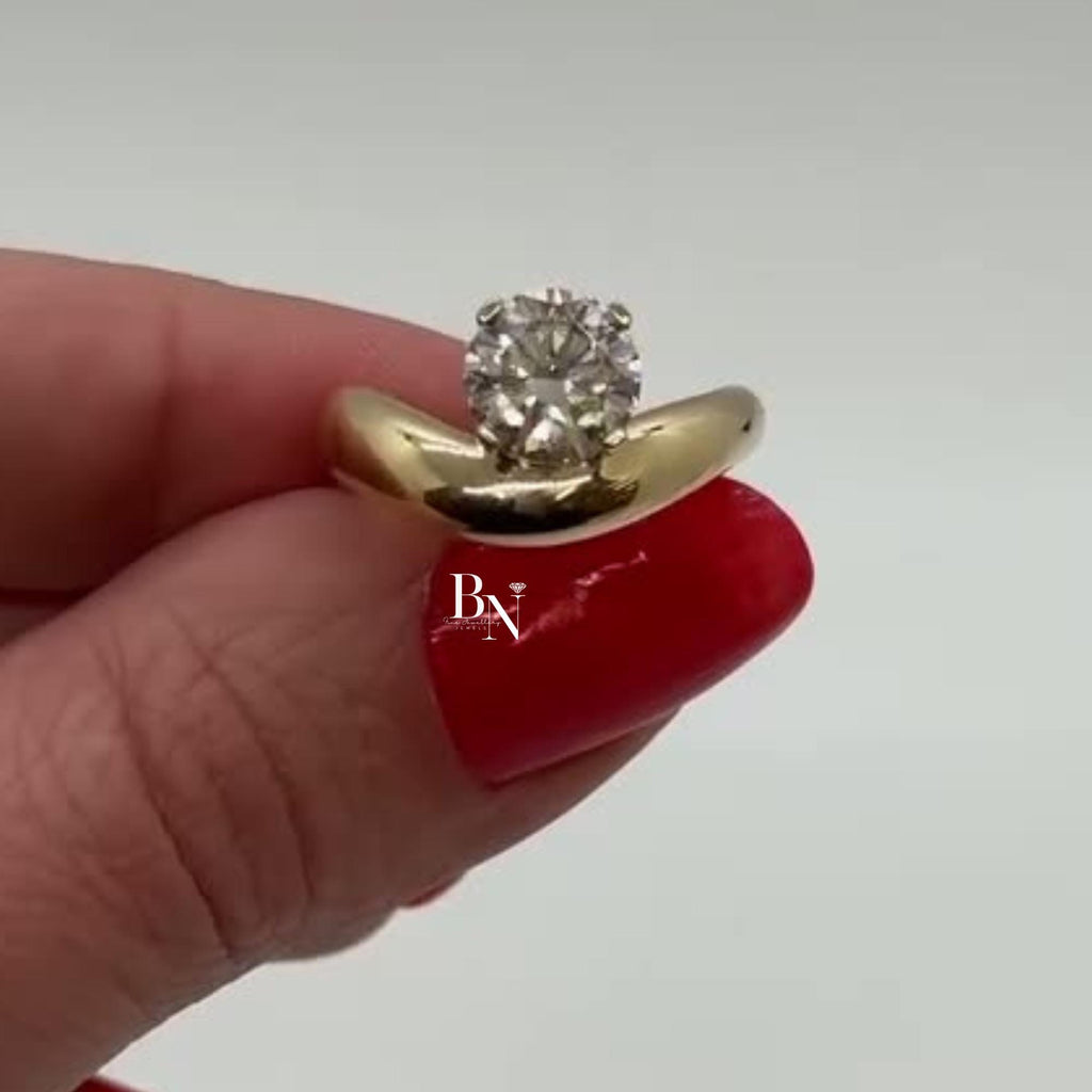 1.00ct Round Lab Diamond Engagement Ring | Yellow Gold Bypass Solitaire | Tension Set Unique Modern Bridal Ring | IGI Certified