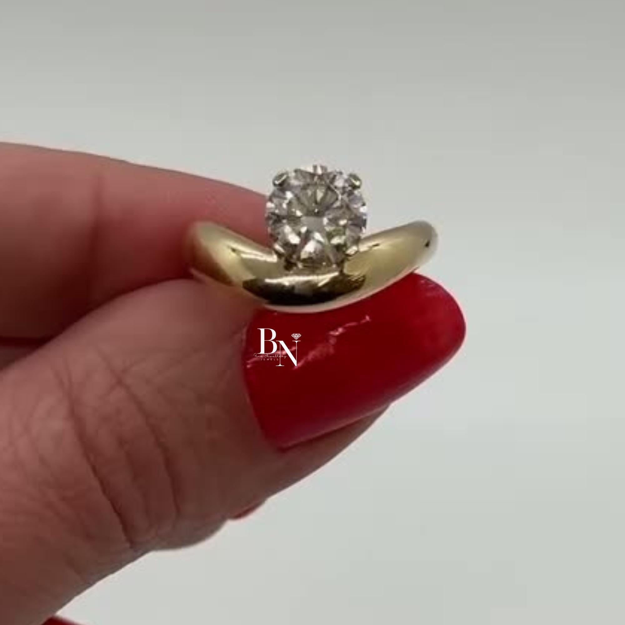 1.00ct Round Lab Diamond Engagement Ring | Yellow Gold Bypass Solitaire | Tension Set Unique Modern Bridal Ring | IGI Certified
