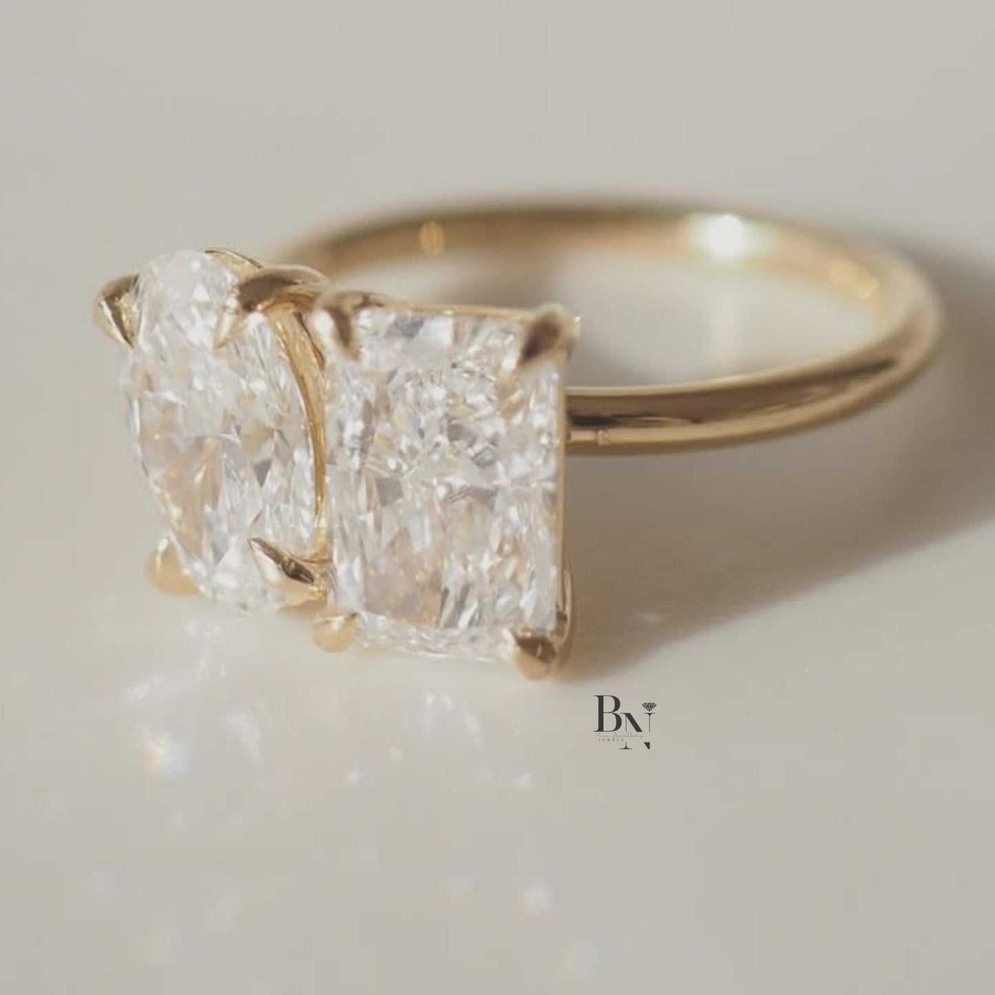 3.50ctw Oval Radiant Lab Diamond Toi et Moi Ring | Yellow Gold Two Stone Engagement | Unique Anniversary Gift | Luxury Bridal