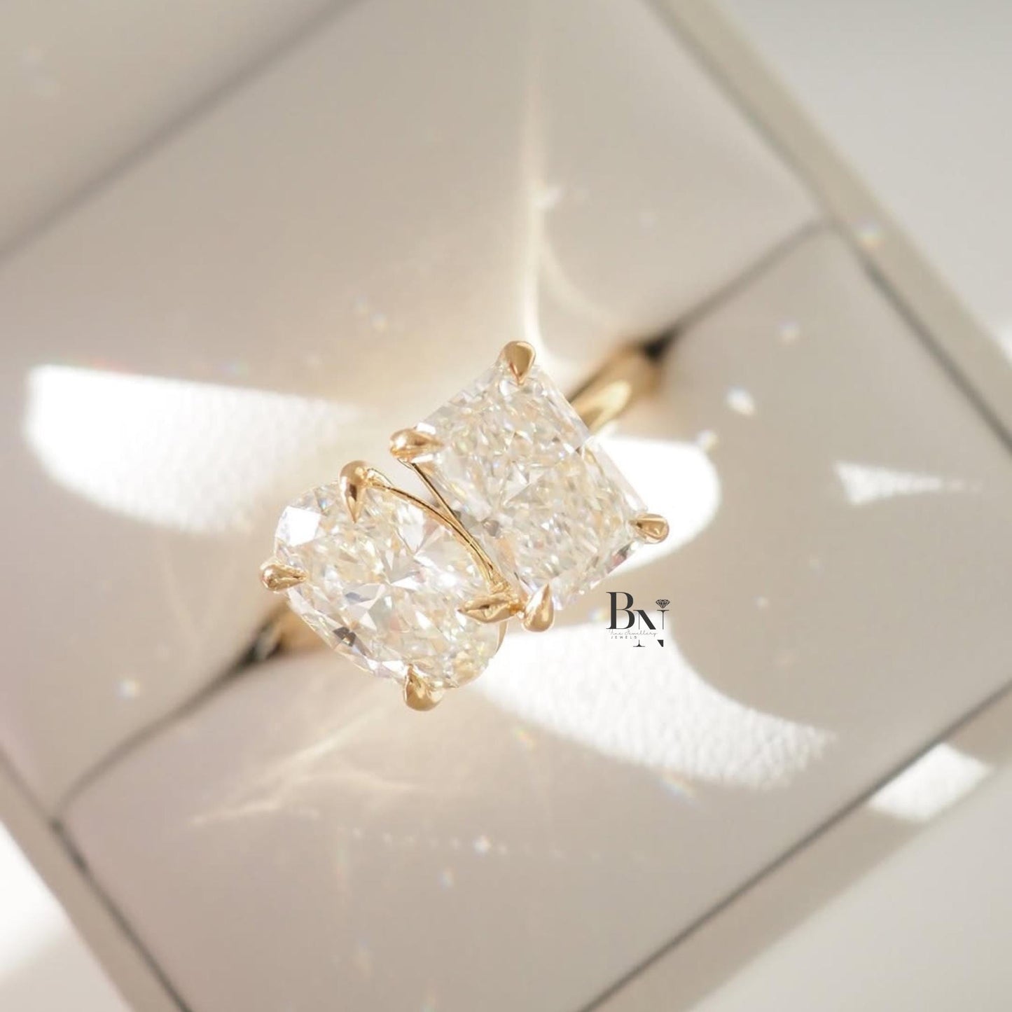 3.50ctw Oval Radiant Lab Diamond Toi et Moi Ring | Yellow Gold Two Stone Engagement | Unique Anniversary Gift | Luxury Bridal