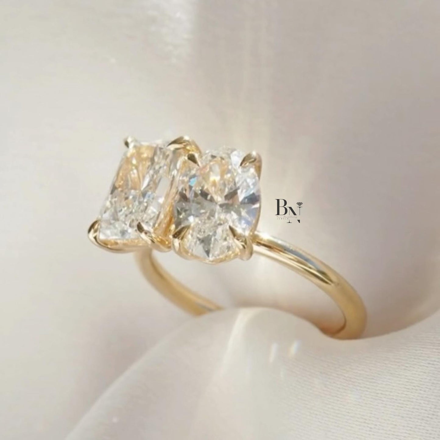 3.50ctw Oval Radiant Lab Diamond Toi et Moi Ring | Yellow Gold Two Stone Engagement | Unique Anniversary Gift | Luxury Bridal