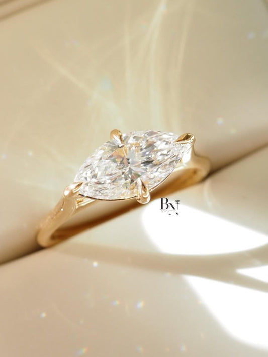 1.50ct Marquise Lab Diamond Solitaire Ring | Yellow Gold V-Prong Engagement | Elongated Bridal Ring | IGI Certified