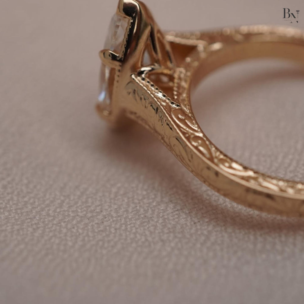 3.00ct Marquise Lab Diamond Ring | Vintage Hand Engraved Solitaire | Yellow Gold Art Deco Engagement Ring | IGI Certified