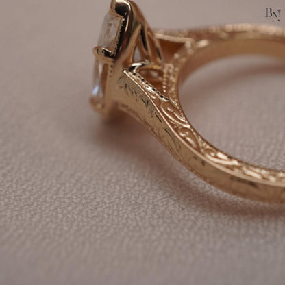3.00ct Marquise Lab Diamond Ring | Vintage Hand Engraved Solitaire | Yellow Gold Art Deco Engagement Ring | IGI Certified