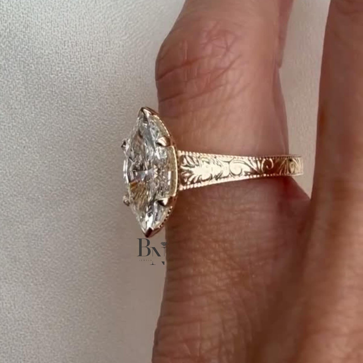 3.00ct Marquise Lab Diamond Ring | Vintage Hand Engraved Solitaire | Yellow Gold Art Deco Engagement Ring | IGI Certified