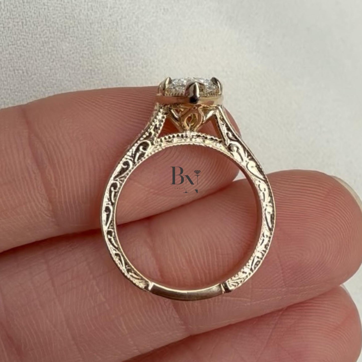 3.00ct Marquise Lab Diamond Ring | Vintage Hand Engraved Solitaire | Yellow Gold Art Deco Engagement Ring | IGI Certified