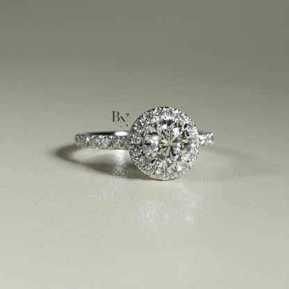 1.00 CT Round Lab Diamond Halo Engagement Ring | 14K White Gold Pave Band | IGI Certified | Round Brilliant Proposal Gift
