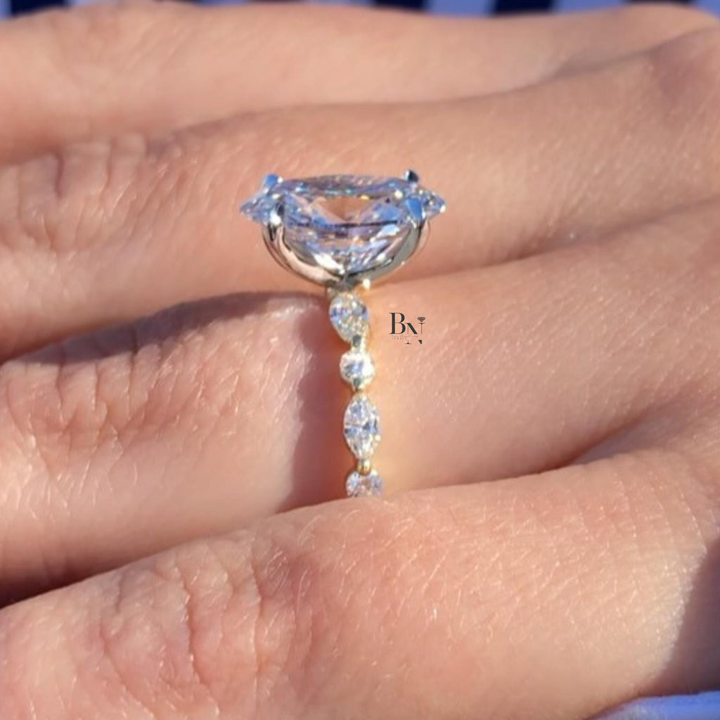 3.00 CT Oval Lab Diamond Engagement Ring | Marquise Accent Band | 14K Yellow Gold Solitaire | IGI Certified | Elongated Oval Proposal